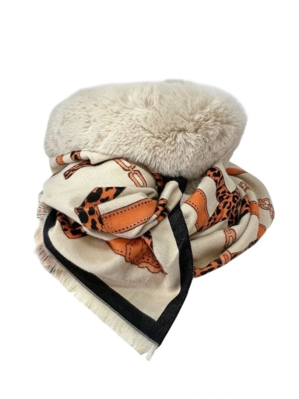 La Fiorentina Wrap with Faux Fur Trim Scarf Camel/Orange 72”x24” Leopard New NWT